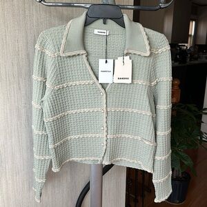 SANDRO waffle-knit cardigan light green waffle knit V-neck spread collar, Sz 4/L
